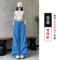美式慵懶風刺繡降落傘工裝褲 寬鬆休閒闊腿長褲, 寶藍常規H-1729-2, S