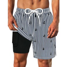 Olreco 압축 안감이 있는 남성용 수영 트렁크 17.8cm7인치 빠른 건조 남성용 수영복 남성용 수영 반바지 남성용 보드 반바지 남성용 수영복 블랙 및 블루 트로피컬 리프, M, 앵커가 있는 화이트 네이비 스트라이프