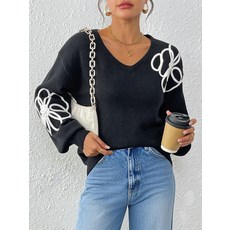 女士 V領 絲帶刺繡 不規則繡花 休閒毛衣