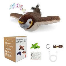 Blueypet 날개가 펄럭이는 인터랙티브 처핑 새 고양이 장난감 날아다니는 비행 시뮬레이션 전기 참새 흔들리는 사냥 애완동물 장난감 실내용(참새) 217002, Brown