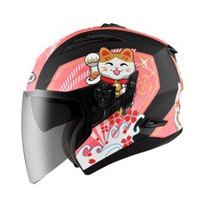 ZEUS 瑞獅 ZS-613B 招財貓彩繪 輕量化安全帽 內墨鏡 眼鏡溝設計, 消光黑 / 桃紅,S