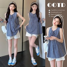 台灣出貨 孕婦裝 孕婦套裝 2025夏季新款 復古藍白格子無袖上衣 托腹短褲兩件套 休閒套裝