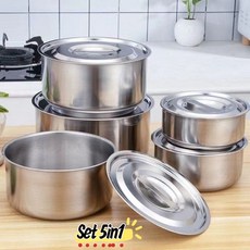 多功能不鏽鋼鍋具五件套裝，Panci Baskom 5in1，含蒸蛋碗及內膽鍋盆, 5in1最大鍋微壓痕CACAT/Dent, 1個