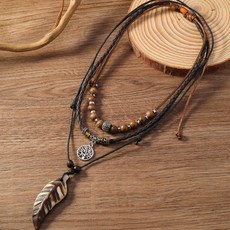 보헤미안 우드 비즈 펜던트 목걸이 세트 PU 가죽 코드 빈티지 스타일 남녀공용 액세서리