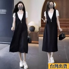 現H 元貞實拍韓版美裝胖MM大碼女裝假兩件休閒連衣裙，寬鬆顯瘦，S-6XL大尺碼可選, 黑白假兩件,XL【建議57.5-65公斤】