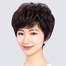 全真髮女 整頂頭套式假髮 梨花燙短髮 中老年遮白髮 媽媽假髮 增加髮量, 1個, 全手織遞針旋-自然色