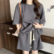 新款休閒運動套裝女 夏季薄款寬鬆短袖短褲兩件套, 深灰色