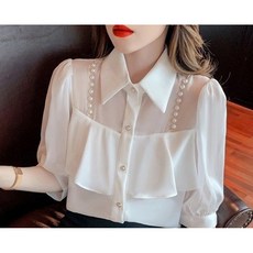 Choyur여성 반팔 시스루 칼라 블라우스 진주 장식 우아한 스타일 zjw