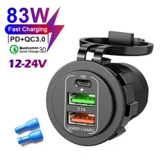 QC 3.0 PD30W 듀얼 USB 고속 차량용 충전기 소켓 12V24V 방수 스위치 자동차 빠른 충전 어댑터 전원 콘센트, No Cable-C