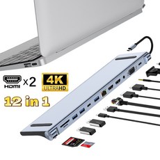 CinemaKiss 12in1 c타입 허브 듀얼 HDMI 허브 4K 유형 C 도킹 스테이션 RJ45 PD 100W 어댑터 VGA 100Mbps 기가비트 이더넷 USB 3.0 허브, LTBY-12in1, 1개, LTBY-12in1