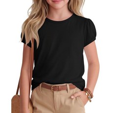 Mumucove Girls' Puff Sleeve Tops Teen Girls' Basic Crewneck Shirts Kids' Solid Color Summer T-Shir, Black