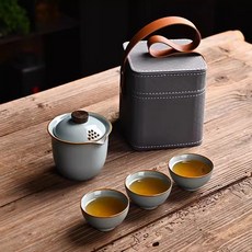 安梦轩 旅行茶具組 汝窯快客杯 隨身泡茶組 露營茶具, 1個, 茶具組-青