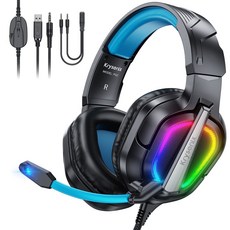 Krysenix 유선 게이밍 헤드셋 PG2 초경량 가상 7.1채널 3D 사운드 RGB 노이즈 캔슬링 마이크, 블랙 블루 블랙 블루
