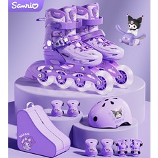 산리오 쿠로미 여아 인라인 롤러스케이트 헬멧 보호대 세트 분리형 조절 가능 초보자용, 프리미엄 디럭스 세트, 1개