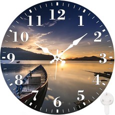 Identiy 원형 벽시계 무소음 배터리 작동 블루밍 해바라기 밭 30.5cm(12인치) 논틱 읽기 쉬운 디스플레이 원형 아날로그 벽시계 사무실 침실 거실 및 주방용 장식, 선셋 레이크 보트