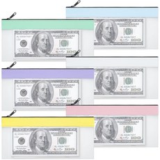 지퍼가 달린 6피스 머니백 7.83.9인치 캐시 봉투 머니 파우치 다용도 체크 지갑 코인 메이크업 펜 학용품용 투명 은행 입금 캐시백, White Pink Green, 7.8×3.9 Inch
