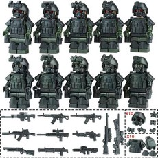 兒童玩具軍事系列第三方特別作戰小組俄軍隊裝備武器, 5款黑色特種兵+5款軍綠特種兵+武器, 1個