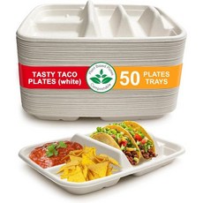 Tasty Taco 타코 홀더 꽂이 트레이 2개와 양면 2개를 위한 흰색 일회용 접시 – 50팩 디바이더 피에스타 화요일용 스탠드 바 서빙 세트가 포함된 프리미엄 종이 50개, White/ 50 plates