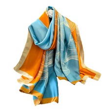 Aufeel 패션 스카프 100% 새틴 실크 롱 경량 자외선 차단 숄 랩 여성용 헤어 스카프 플라워 프린트 라지 141410, 블루 오렌지