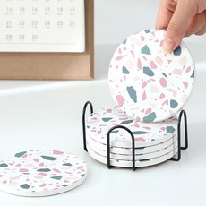 티코스터 컵받침 홀더 6p 홈카페 규조토 물흡수 컵받침대, 1세트, 브라운/블랙