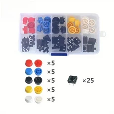 25PCS 촉감 푸시 버튼 스위치 순간 12*12*7.3MM 마이크로 스위치 버튼 + 25PCS 전술 캡 (5 색) Arduino 스위치 전자 부품 액세서리 소스