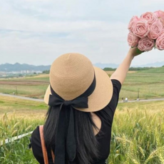 女款蝴蝶結織帶草帽 夏季大帽檐防曬時尚百搭, 卡其, 56-58頭圍