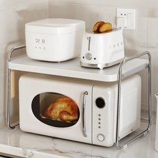 Life Rhythm 주방 전자레인지 선반 조립식 무타공 밥솥 수납 선반 렌지대, 화이트, 2단