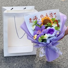 FLOWERS STUDIO 針織花束 手工編織毛線花 母親節/教師節禮物 送女友/老師, 1個, 紫*送老師 +禮袋燈