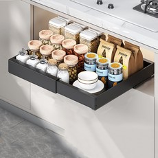 무설치 슬라이딩 수납 선반 조절형 주방 서랍 정리대 2단 다용도 수납함, 블랙, 1개