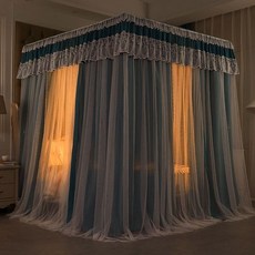 防蟲蚊帳 放蚊帳 帳篷 蒙古包蚊帳 折疊蚊帳 便攜式蚊帳 南方生活遮光床簾蚊帳家用帶支架一體式公主風臥室宮廷落地式床幔, D款仙女藍 支架+蚊帳+防塵頂+布簾,2米床(寬2米*長度2.2米)