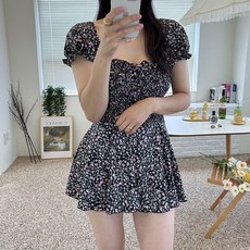 쏘핑 플라워 반팔 퍼프 빅사이즈 임산부 키큰여자 빅사이즈 체형커버 수영복, 블랙, 숙지 후 구매 합니다, L