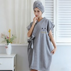 珊瑚絨浴袍女加厚可穿浴巾家用綁帶浴裙浴室保暖幹發帽吸水速乾 #皓月灰 #(綁帶浴袍+毛巾)兩件組, (綁帶浴袍+毛巾)兩件組