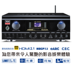 TDF HK-300S 卡拉OK擴大機，藍牙5.0、HDMI 4進2出、光纖同軸輸入，數位迴音，家庭影院音響, 黑色