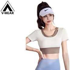V-WEAR 運動上衣 瑜伽短袖 拼色健身跑步訓練服
