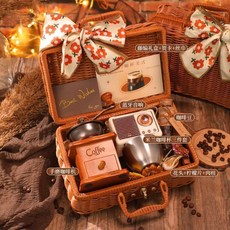 手磨手搖手壓咖啡機禮盒套裝，家用便攜式咖啡豆研磨機，臺灣出貨, 【藤編咖啡機禮盒】款式十四, 1個