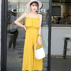 통바지 여름 여성 데일리 시원한 옐로우 점프수트 와이드 허리 밴딩 원피스 오프숄더