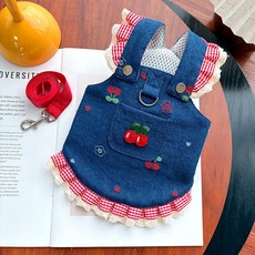 DFMEI 春夏牛仔櫻桃揹帶裙狗裙子寵物狗狗貓咪衣服用品泰迪比熊外出博美, 1個, 570揹帶櫻桃(帶繩子)