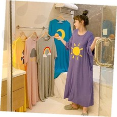 여성 홈웨어 원피스 태양 달 프린트 면 잠옷 라운드넥 반팔 롱 원피스 실내복