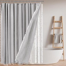 Tingjoo Boho Linen 팜하우스 샤워 커튼 및 투명 커튼 라이너 세트 3 in 1 튼튼한 질감 방수 커튼 12개의 양면 후크 태슬 욕실용 (토프)