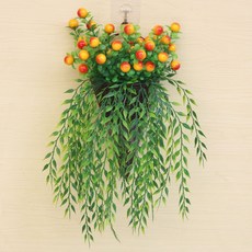 嘉義出貨 仿真花塑膠花客廳牆面裝飾 室內綠植壁掛 花藤垂吊藤條植物假花藤蔓 人造花束, 扇掛+2支富貴果+垂柳+粘掛鉤, 1個