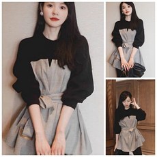 패치워크 원피스 작은 양장 헵번 미니 블랙 스커트