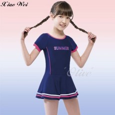 小薇的店 梅林品牌 藍底桃白配色 流行女童短袖連身裙泳裝 (10-16歲) 女童泳裝