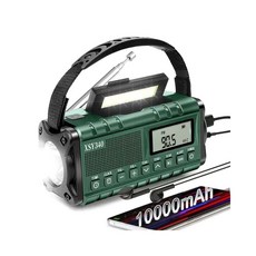 多功能應急收音機，10000mAh大容量電池，AM/FM/WB多頻道，LED手電筒，太陽能手搖充電，SOS警報, 軍綠色, 手搖發電收音機