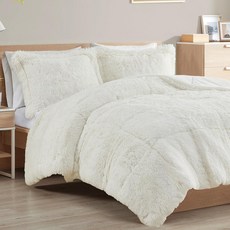 Intelligent Design Malea 섀기 이불 세트 긴 인조 모피 아늑한 다운 대체품 모던 캐주얼 울트라 소프트 사계절용 푹신한 침구 매칭 베개 커버 킹 캘리포니아 아, Solid Ivory