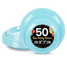 LANLISA 파티용 빨간색 플라스틱 접시 50개 63.5-22.9cm(25-9인치) 및 63.5-17.8cm(25-7인치) 일회용 케이크 디저트 생일 발렌타인데이 졸업식, Light Blue