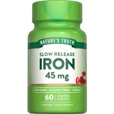 Nature's Truth 철분 보충제 45mg 60정 페로설페이트 비건 글루텐 프리, 1개