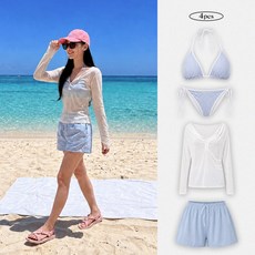 (당일출고/4pcs)포리 커버업 비키니 홀터넥 스트라이프 커버업 시스루 레이어드 숏팬츠 물놀이 수영복 비치룩 여리무드