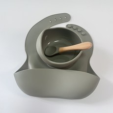 嬰兒輔食碗勺組 矽膠吸盤餐具, 軍綠色 三件套, 1個