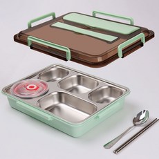 [SUS-304 스텐 식판 도시락통 세트] 밀폐 도시락 런치박스 스테인레스 5칸 다이어트 아이 소풍 용기, 1세트, 5칸도시락+국그릇+수저세트, 민트 그린