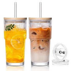 ECLATIS SoulTimes 뚜껑과 빨대가 있는 591.5ml20온스 유리 컵 아이스 커피 스무디 주스 및 차가운 음료용 골지 텀블러 재사용 가능한 두꺼운 제품 세트, 2